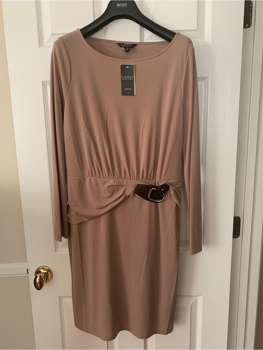 NWT Ralph Lauren Dress: Camel w/Brown Leather Belt on Side, Boat Neck, Midi 12